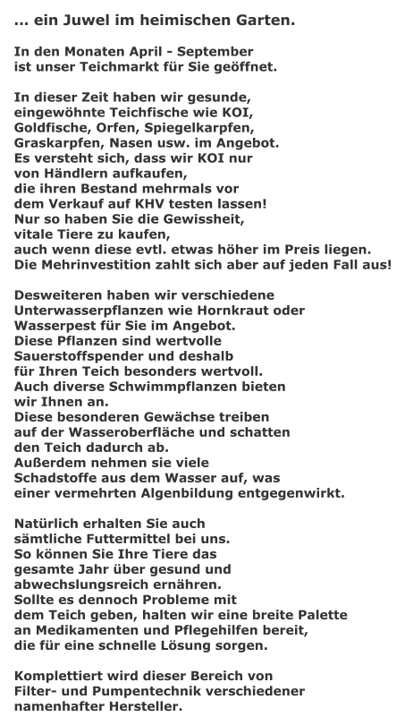  ein Juwel im heimischen Garten.  In den Monaten April - September  ist unser Teichmarkt fr Sie geffnet.  In dieser Zeit haben wir gesunde,  eingewhnte Teichfische wie KOI,  Goldfische, Orfen, Spiegelkarpfen,  Graskarpfen, Nasen usw. im Angebot. Es versteht sich, dass wir KOI nur  von Hndlern aufkaufen,  die ihren Bestand mehrmals vor  dem Verkauf auf KHV testen lassen! Nur so haben Sie die Gewissheit,  vitale Tiere zu kaufen,  auch wenn diese evtl. etwas hher im Preis liegen.  Die Mehrinvestition zahlt sich aber auf jeden Fall aus!  Desweiteren haben wir verschiedene  Unterwasserpflanzen wie Hornkraut oder  Wasserpest fr Sie im Angebot. Diese Pflanzen sind wertvolle  Sauerstoffspender und deshalb fr Ihren Teich besonders wertvoll. Auch diverse Schwimmpflanzen bieten  wir Ihnen an. Diese besonderen Gewchse treiben  auf der Wasseroberflche und schatten den Teich dadurch ab. Auerdem nehmen sie viele  Schadstoffe aus dem Wasser auf, was einer vermehrten Algenbildung entgegenwirkt.  Natrlich erhalten Sie auch  smtliche Futtermittel bei uns.  So knnen Sie Ihre Tiere das  gesamte Jahr ber gesund und  abwechslungsreich ernhren. Sollte es dennoch Probleme mit  dem Teich geben, halten wir eine breite Palette  an Medikamenten und Pflegehilfen bereit,  die fr eine schnelle Lsung sorgen.  Komplettiert wird dieser Bereich von  Filter- und Pumpentechnik verschiedener namenhafter Hersteller.