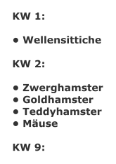 KW 1:   Wellensittiche  KW 2:   Zwerghamster  Goldhamster  Teddyhamster  Muse  KW 9:
